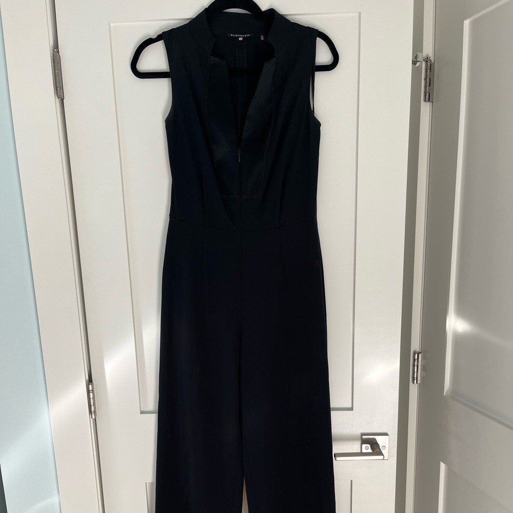 Elie Tahari Classic Black Sleeveless Jumpsuit w/Satin Trim. Stretch material!